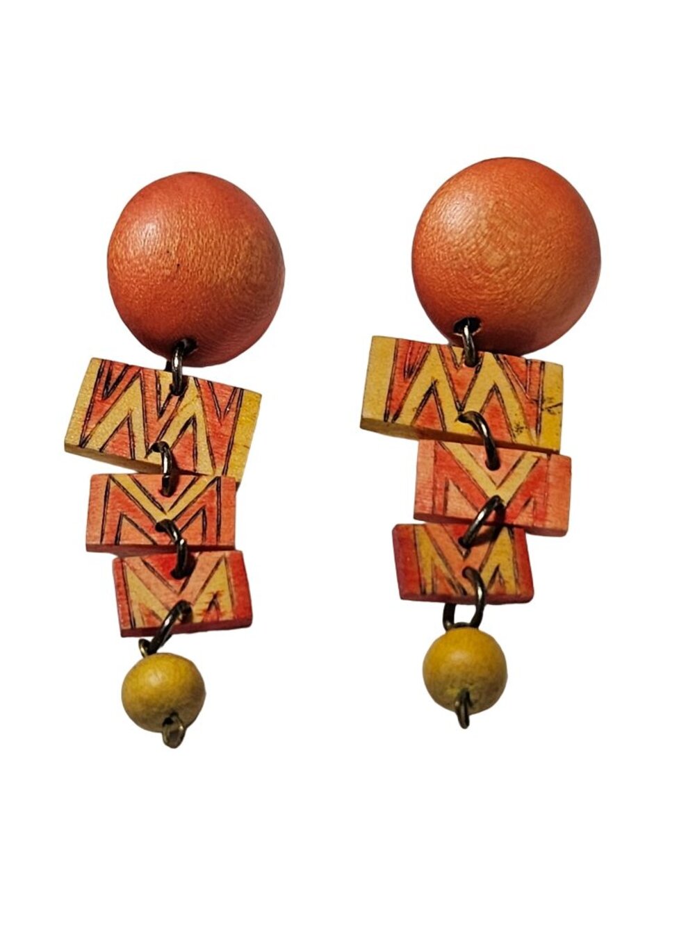 Vintage Wooden Dangle Earrings Orange Yellow Geometric Handmade Boho Jewelry